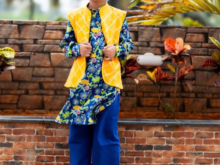 BOYS BLUE FLORAL KURTA PAJAMA SET WITH NEHRU JACKET Supply