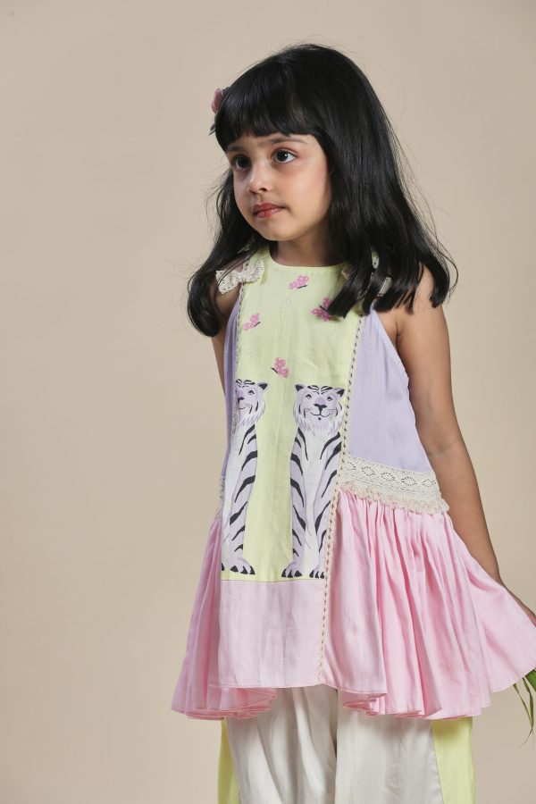 Yellow, lavender and pink A-line kurta with frills and salwar set Sale