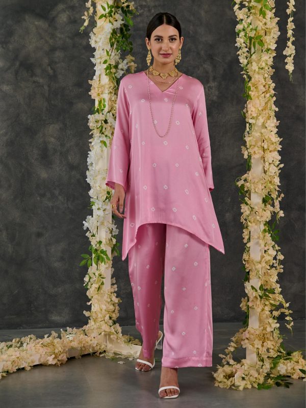 Pink Bandhani Modal Satin Short Kurta-Pant (Set Of 2) Online