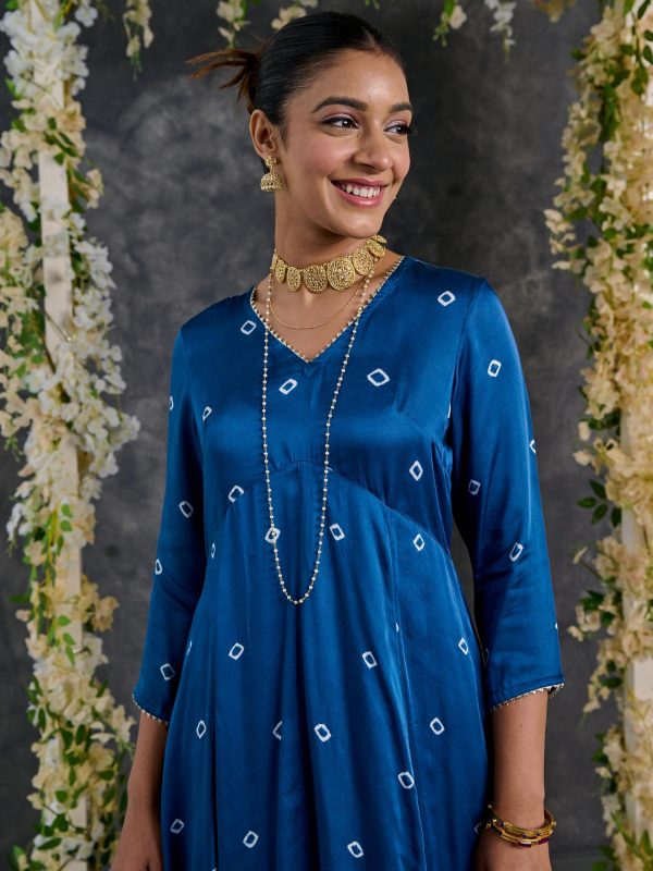 Indigo Bandhani A-Line Modal Satin Kurta- Flared Pant Set Sale