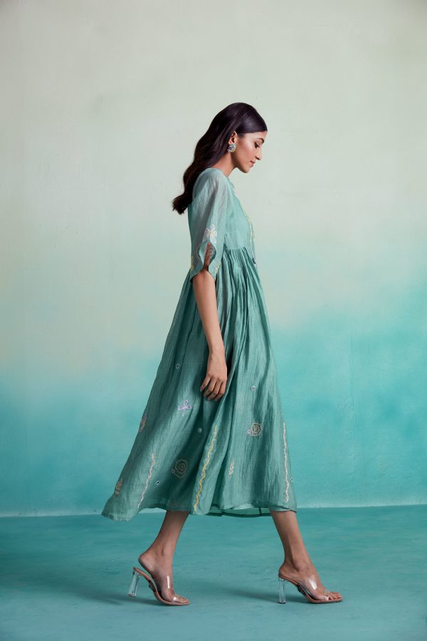 Enchantmint dress - Mint Hand embroidered gathered Dress Hot on Sale