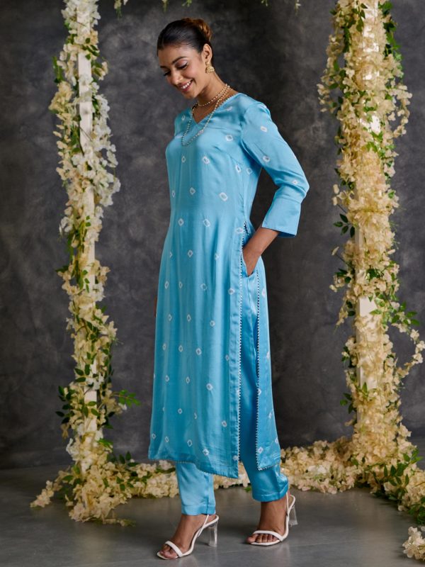 Blue Bandhani High Slit Modal Satin Kurta - Pant Set with Dupatta (Set Of 3) Online now