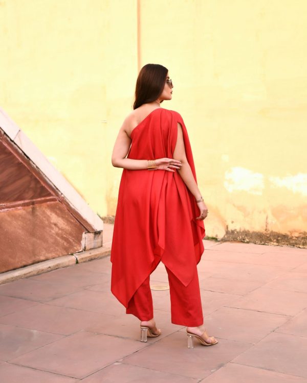 Tiana Red Off Shoulder Kaftaan-Pant Set Online Sale