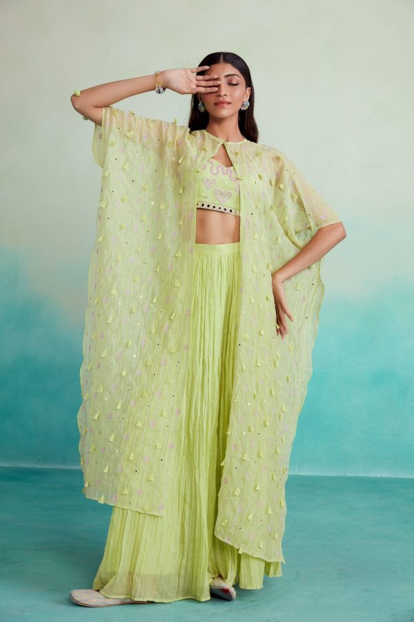 Citra jacket set - Lime Hand embroidered Jacket Crop top & Sharara set For Sale