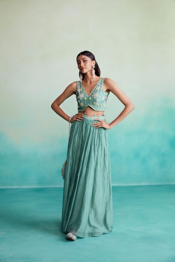 Nilaya skirt top set - Mint Hand embroidered Crop-top Skirt & Dupatta set For Discount