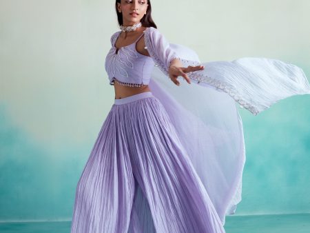 Lavender Mist sharara set - Lavender Hand embroidered Crop top Sharara & Dupatta set For Sale