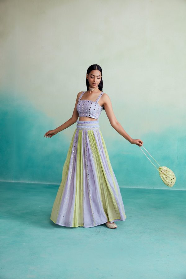 Amaya skirt top set - Lime & Lavender Hand embroidered pleated Skirt Top set Online Hot Sale