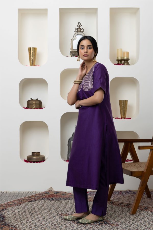 PURPLE CHANDERI GOTA WORK KURTA SET Discount