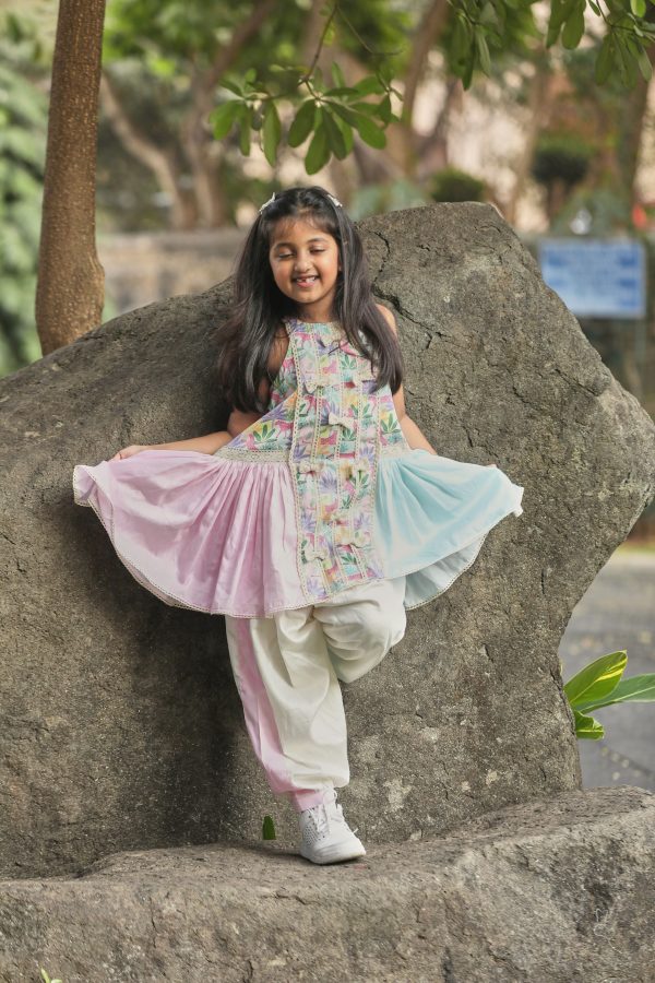 Tropical print A-line kurta with frills and salwar set Hot on Sale