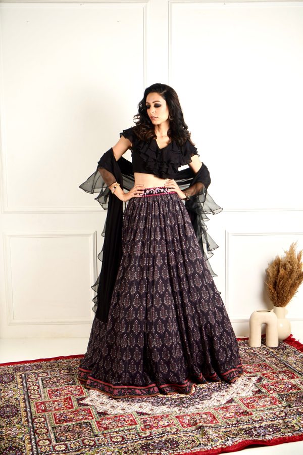 IMAARA black ruffled blouse and printed lehenga Online Sale