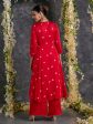 Red Bandhani A-Line Modal Satin Kurta- Flared Pant Set For Sale