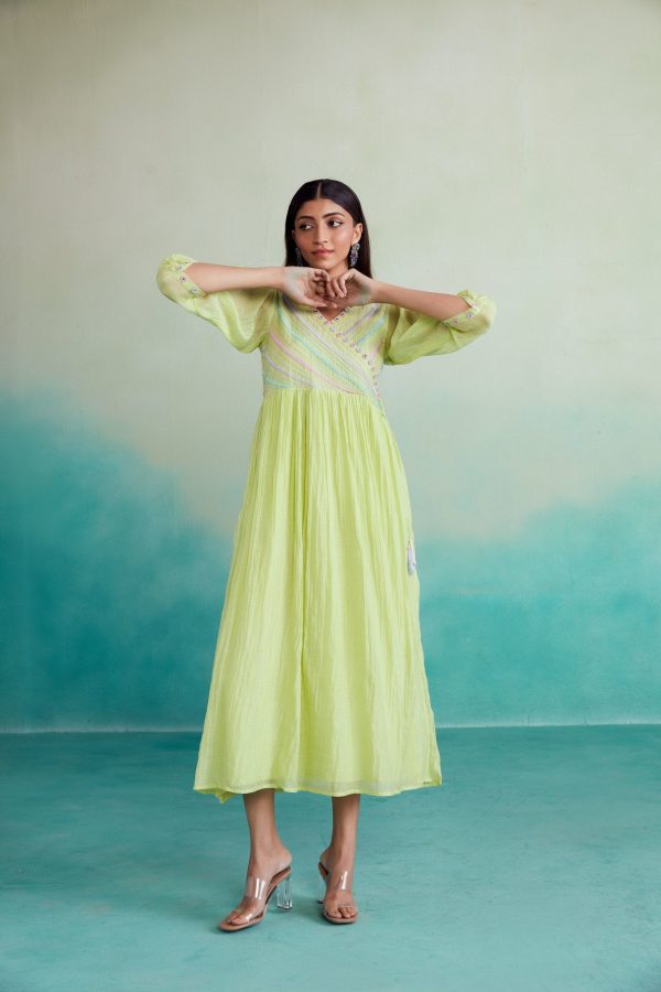 Vivid dress - Lime Hand embroidered gathered Dress For Sale