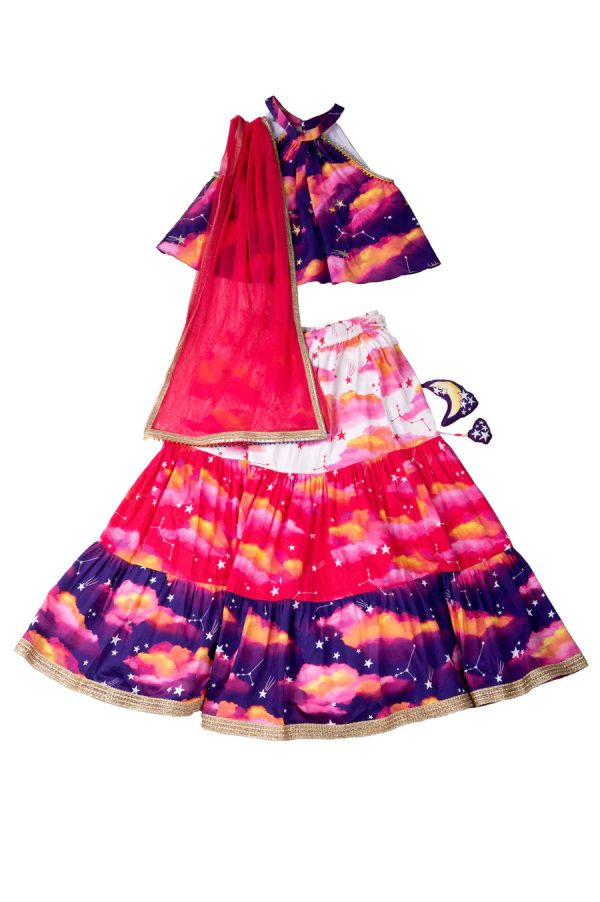 Sky Is The Limit - Layered Lehenga, Blouse and Dupatta Set on Sale