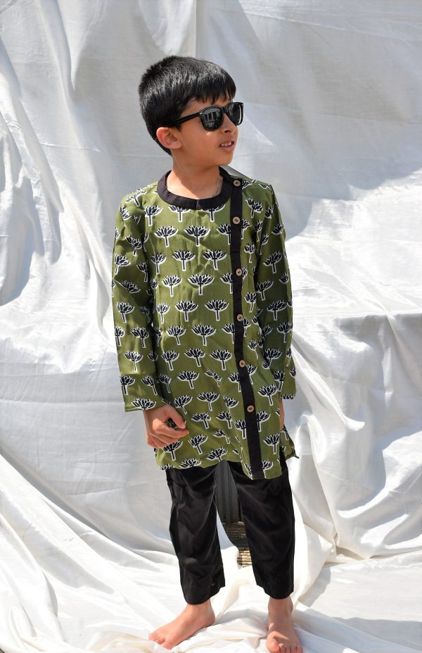 Padma Green & Black Kurta payjama for little boys Online Sale