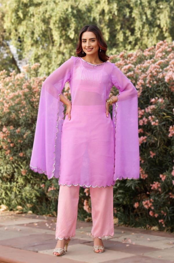 Lilac & Baby Pink Sequin Detailed Gorgette Kurta - Set of 3 Sale