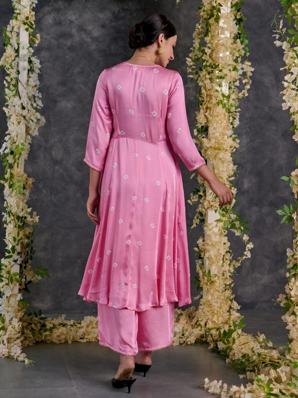 Pink Bandhani A-Line Modal Satin Kurta- Flared Pant Set Discount