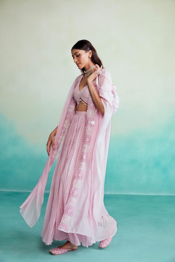 Fleuris jacket set - Orchid Pink Hand embroidered Jacket Crop-top & Sharara set Online now