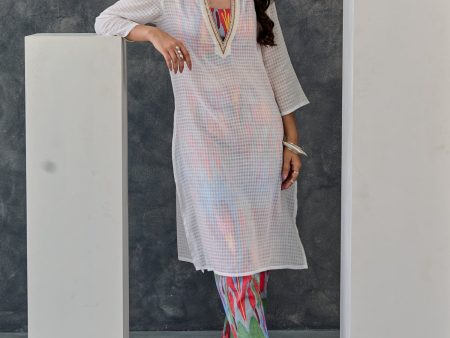 Joy Grey Ikat Print Cotton Kurta Pant Set With Bralette Online Hot Sale