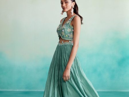 Nilaya skirt top set - Mint Hand embroidered Crop-top Skirt & Dupatta set For Discount