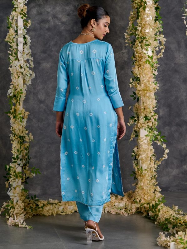 Blue Bandhani High Slit Modal Satin Kurta - Pant Set with Dupatta (Set Of 3) Online now