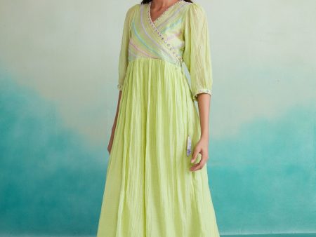 Vivid dress - Lime Hand embroidered gathered Dress For Sale