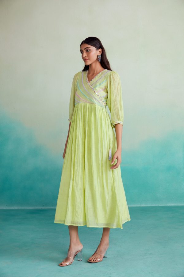 Vivid dress - Lime Hand embroidered gathered Dress For Sale