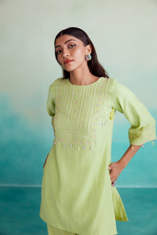 Citrina kurta set - Lime Hand embroidered Kurta Pants set For Sale