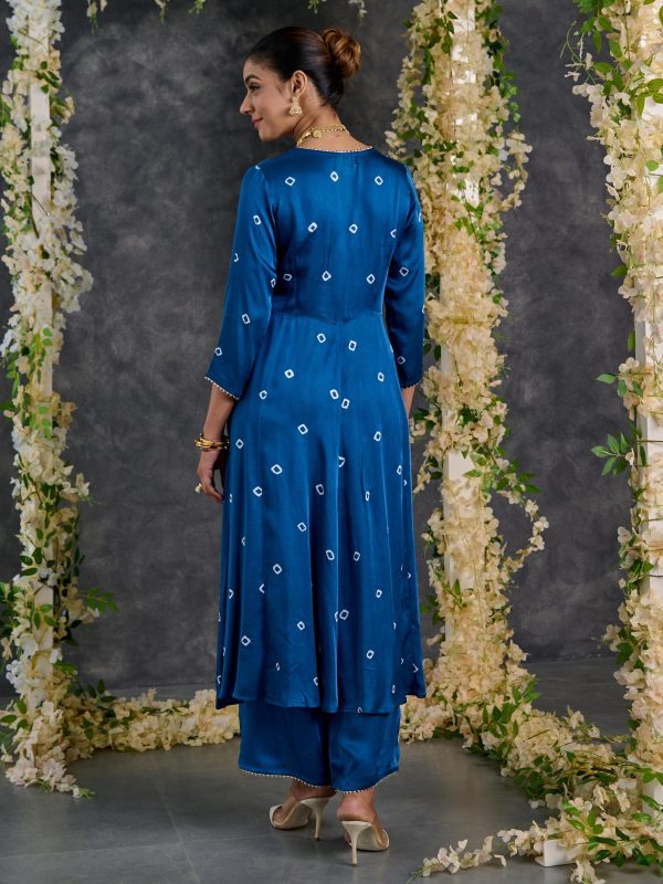 Indigo Bandhani A-Line Modal Satin Kurta- Flared Pant Set Sale