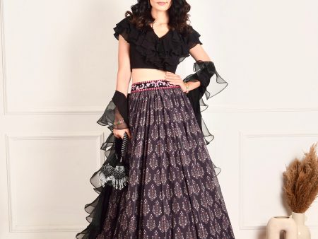 IMAARA black ruffled blouse and printed lehenga Online Sale