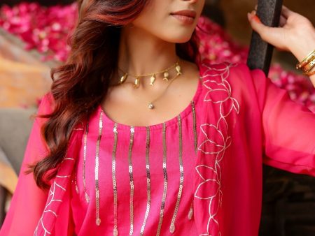 Hot Pink Lotus Embroidered Sharara with Jacket - Set of 3 Discount