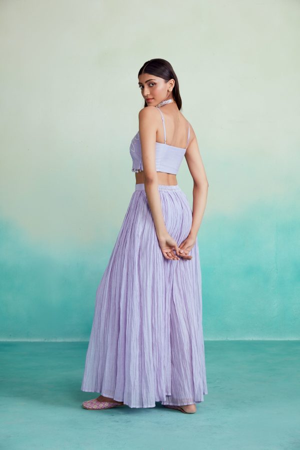 Lavender Mist sharara set - Lavender Hand embroidered Crop top Sharara & Dupatta set For Sale