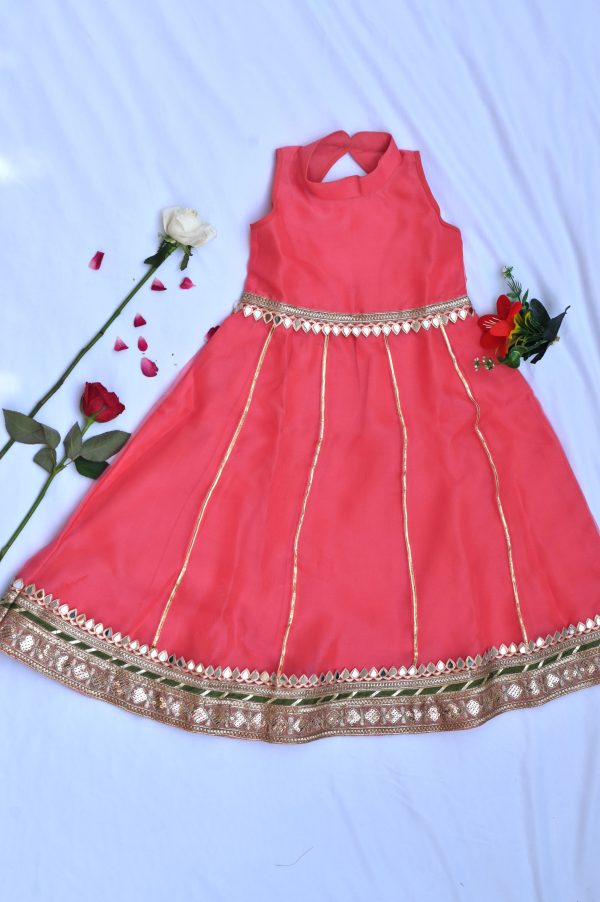 Coral long dress for girls with green dupatta Hot on Sale