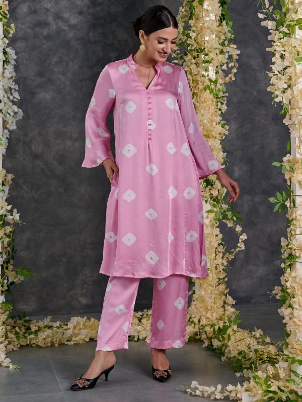 Pink Bandhani Modal Satin Kurta-Pant (Set Of 2) Hot on Sale