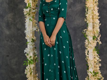 Green Bandhani Modal Satin Fit & Flare Dress Sale