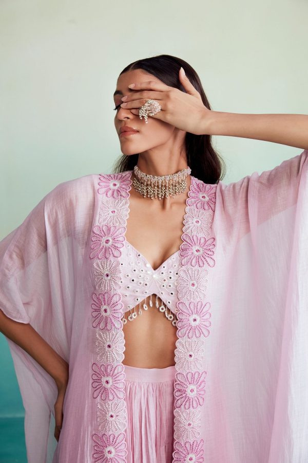 Fleuris jacket set - Orchid Pink Hand embroidered Jacket Crop-top & Sharara set Online now