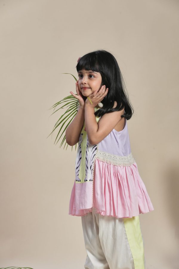 Yellow, lavender and pink A-line kurta with frills and salwar set Sale