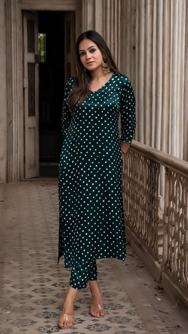 BANDHANI KURTA SET IN SILK - DARK GREEN Online Hot Sale