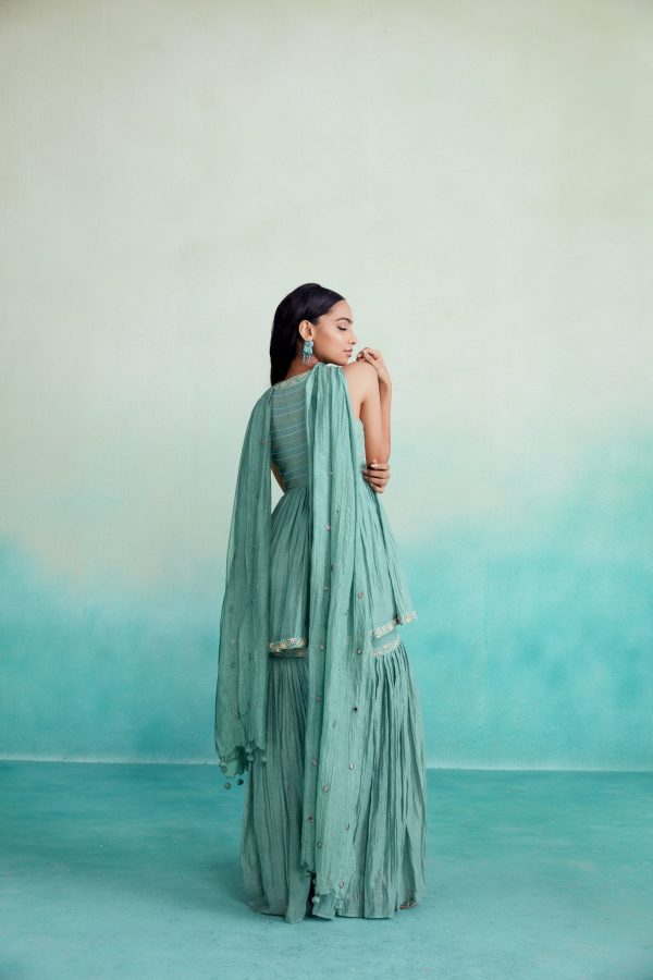 aquamarine kurta sharara set - Mint Hand embroidered gathered Kurta Sharara & Dupatta set Sale