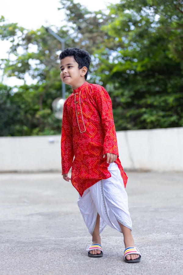 BOYS RED BANDHANI GOTAPATTI DHOTI KURTA SET Online now