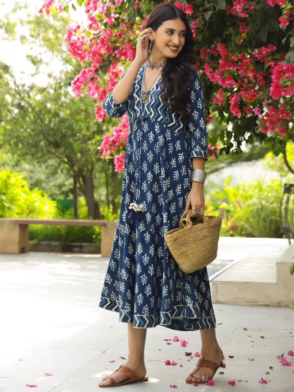 Indigo Floral Dabu Fit & Flare Maxi Dress on Sale