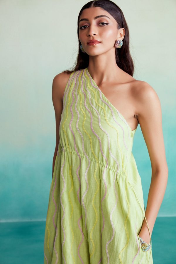 Vividora dress - Lime Hand embroidered one shoulder Dress Online Sale