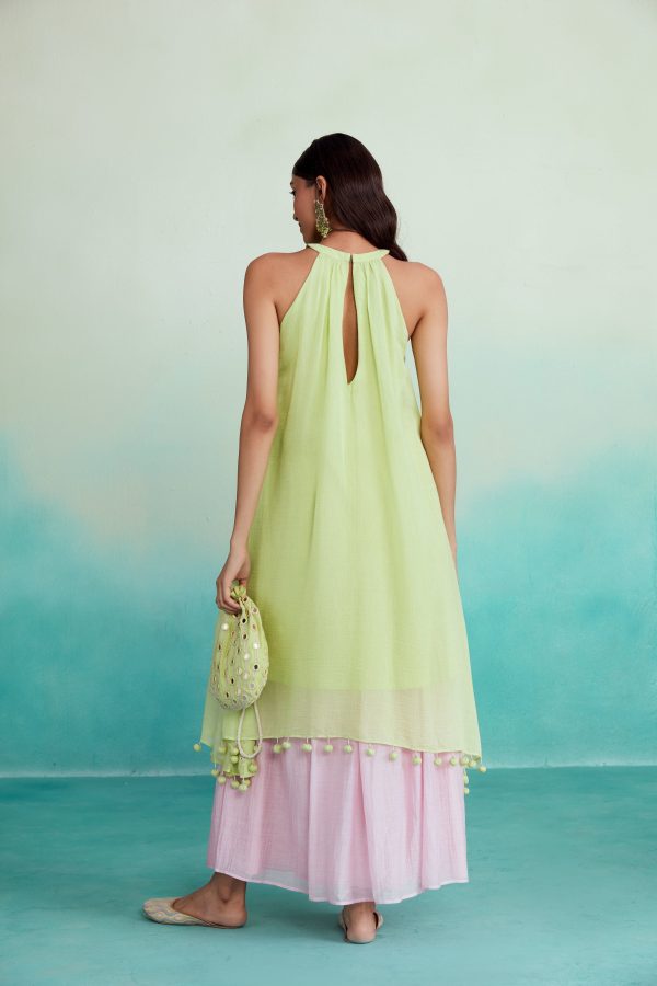 Limeade kurta skirt set - Lime & Orchid Pink Hand embroidered Kurta Skirt set on Sale