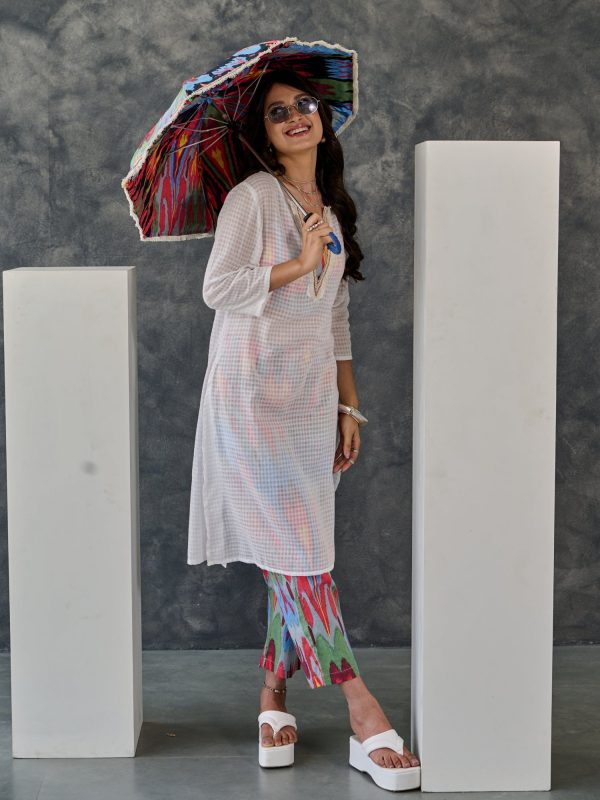 Joy Grey Ikat Print Cotton Kurta Pant Set With Bralette Online Hot Sale