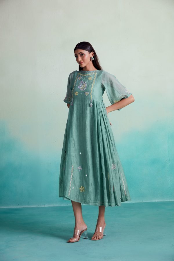 Enchantmint dress - Mint Hand embroidered gathered Dress Hot on Sale