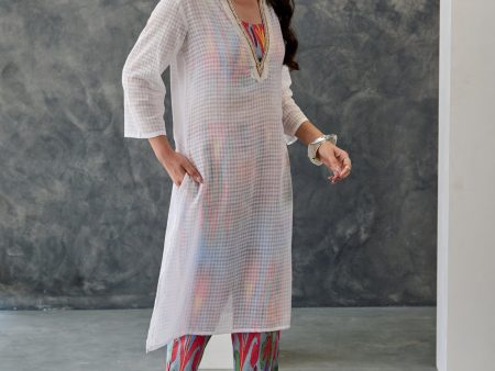 Joy Grey Ikat Print Cotton Kurta Pant Set Cheap