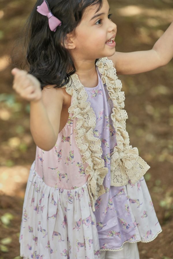 Off-white, pink, lavender animal print A-line kurta with frills & salwar set Online Sale