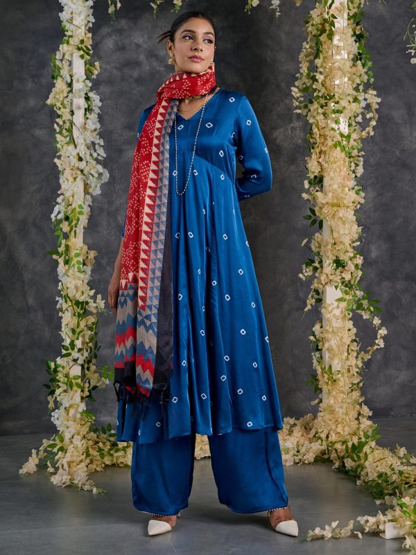 Indigo Bandhani A-Line Modal Satin Kurta- Flared Pant Set with Dupatta (Set Of 3) Online Hot Sale