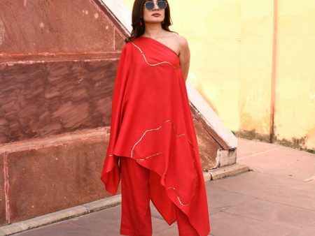 Tiana Red Off Shoulder Kaftaan-Pant Set Online Sale