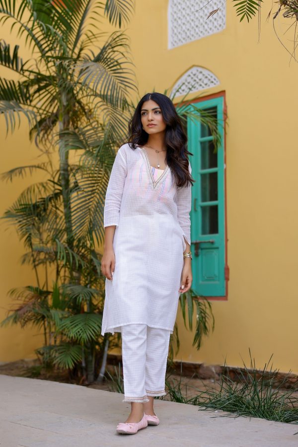 Peonia White Kurta-Pant with Stripe Bralette Online Sale