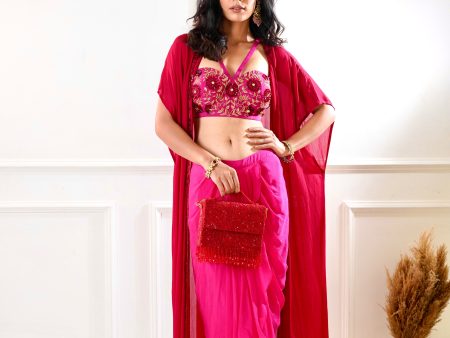 SHIRIN Maroon and pink Drape Skirt and Cape Online Hot Sale